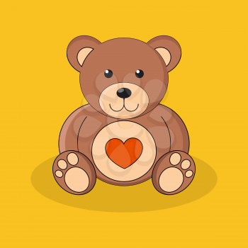 Cute brown teddy bear with red heart on yellow background. Vector illustration.