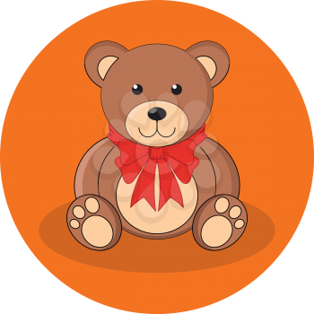 Cute brown teddy bear with red bow. Flat design. Icon in orange circle on white background