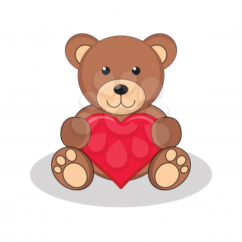 Cute brown teddy bear holding red heart. Vector illustration