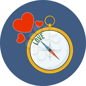 Compass points to love. Flat design. Icon in blue circle on white background