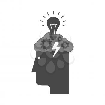 Head with storming cloud and lightbulb icon, brainstorm concept. Symbol in trendy flat style isolated on white background. Illustration element for your web site design, logo, app, UI.