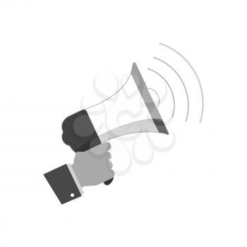 Hand holding megaphone icon, promotion concept. Symbol in trendy flat style isolated on white background. Illustration element for your web site design, logo, app, UI.