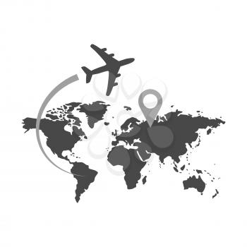 Airplane flying over world map, travel with destination concept. Symbol in trendy flat style isolated on white background. Illustration element for your web site design, logo, app, UI.