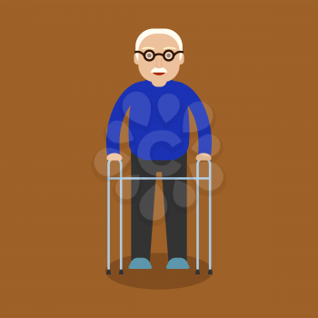 Grandpa standing full length with paddle walker. Retired elderly senior age. Flat style character design