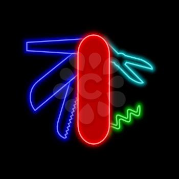 Multifunctional knife, multitool neon sign. Bright glowing symbol on a black background. Neon style icon. 