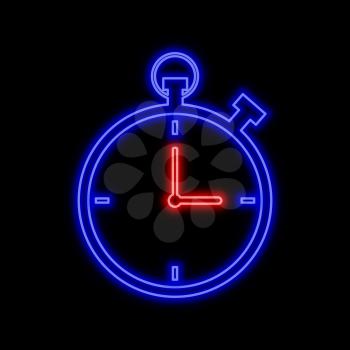 Stopwatch neon sign. Bright glowing symbol on a black background. Neon style icon. 