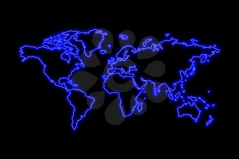 World map neon sign. Bright glowing symbol on a black background. Neon style icon. 