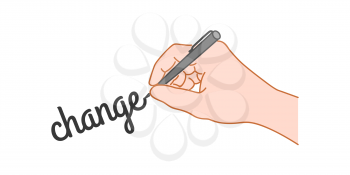 Hand with a pen writing word change. Hand drawn style illustration