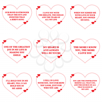 Set of love wishes quotes over white background. Simple heart shape design. Vector illustration