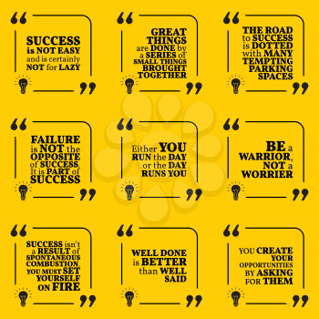Set of motivational quotes about action, hard work, goals, achievement, success, winners and opportunity. Simple note design typography poster. Vector illustration