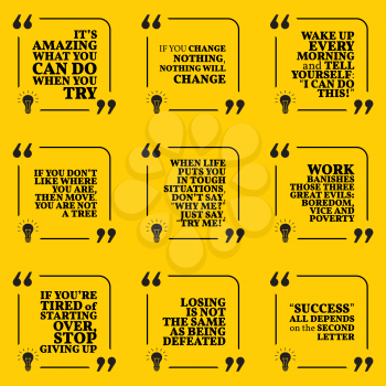 Set of motivational quotes about responsibility, action, work, giving up, losing, achievement, success and change. Simple note design typography poster. Vector illustration
