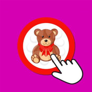 Teddy bear with red bow icon. Cute gift concept. Hand Mouse Cursor Clicks the Button. Pointer Push Press