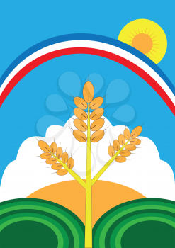 Illustration of fields, sky, rainbow, sun and spikelets