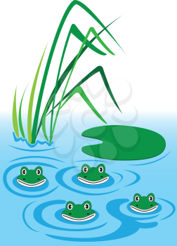 Illustration of four funny frogs in water