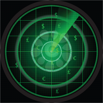 Illustration of a radar screen with three money symbols