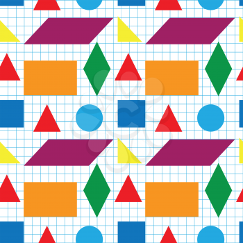 Illustration of seamless pattern of colored geometrical figures on a plaid background