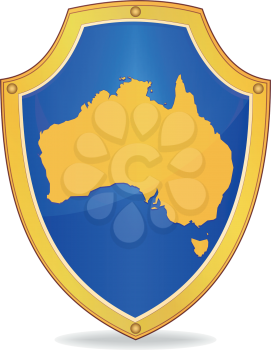 Illustration of a shield with the silhouette of Australia isolated on white background