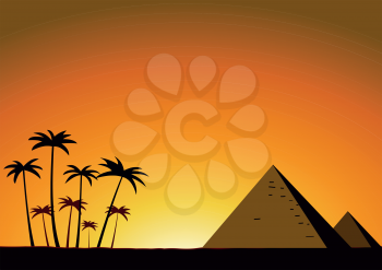 Illustration of summer sunset with pyramids and palm trees