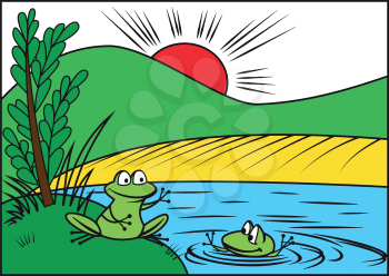 Illustration of two funny cartoon frog on nature background