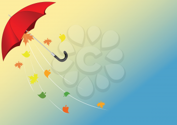 Illustration of a red umbrella flying from the wind with autumn leaves