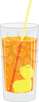 Illustration of a glass with a drink with tube and ice cubes and a fruit slice