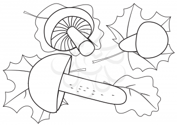 Illustration of the outlines of mushrooms and fallen leaves