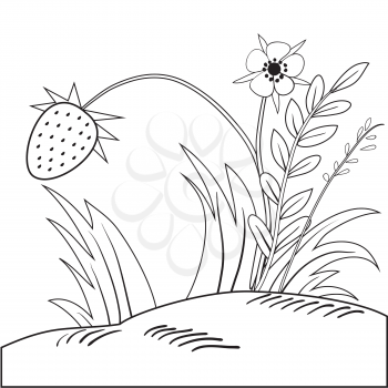 Illustration of a strawberry bush outline with a berry and flowers
