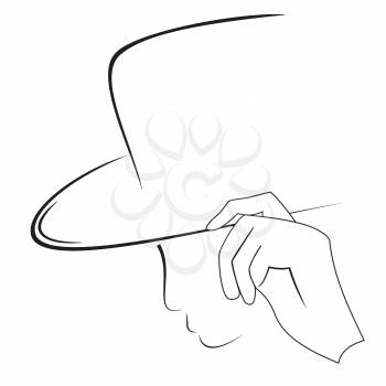 Illustration of hats contour and silhouette of the hand isolated on white background