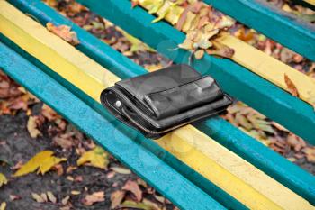 Forgotten wallet on a bench in an autumn park