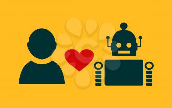 Human and robot relationships. Robotics industry relative image. Heart icon between robot and human