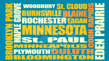 Image relative to USA travel. Minnesota cities and places names cloud. Image relative to USA travel. Minnesota cities and places names cloud