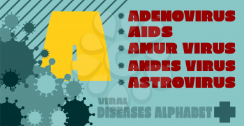 Viral diseases alphabet. Medical research theme. Diseases list. Virus epidemic relative illustration. Viruses icons on background. Letter A