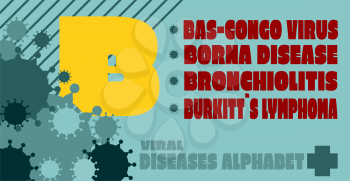 Viral diseases alphabet. Medical research theme. Diseases list. Virus epidemic relative illustration. Viruses icons on background. Letter B