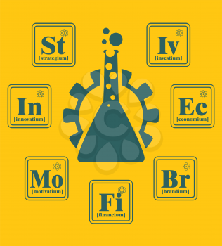Business model metaphor. Fictional chemical elements around gear and laboratory glass. Business chemistry