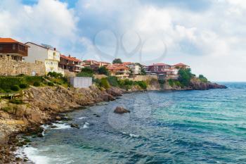 Coastline in the old town of Sozopol at Black Sea, Bulgaria. Old Town with fortress wall. Architectural and Historic Complex.