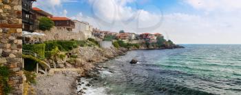 SOZOPOL, BULGARIA, SEPTEMBER 03, 2014: Seaside resort of Sozopol in Bulgaria. Old town Sozopol was founded in the 7th century BC by Greek colonists on the Black sea coast. Panoramic shot.
