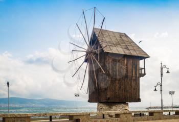 Nesebar, Bulgaria - September 05, 2014: Old windmill in the ancient town of Nesebar in Bulgaria. Bulgarian Black Sea coast. UNESCO world heritage site.