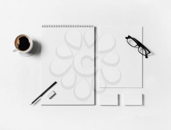 Blank branding stationery set on white paper background. Top view. Flat lay.