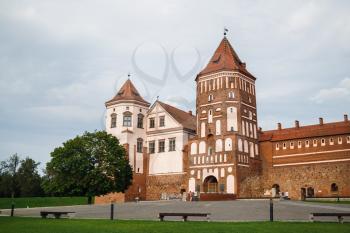 Mir, Belarus - August 04, 2016: Towers and fortress wall of ancient medieval castle in Mir, Belarus. UNESCO World Heritage.