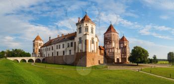 Mir, Belarus - August 04, 2017: Ancient medieval fortress in Mir, Belarus. Mir Castle is a museum and castle complex- historical heritage of Belarus. Panoramic shot.