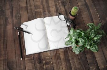Blank book, stationery and plants on wooden background. Responsive design mock up.
