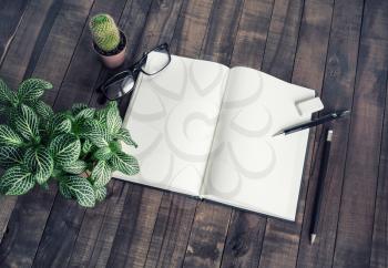 Blank notepad, stationery and plants on vintage wood table background.