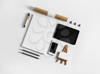 Blank corporate stationery and gadgets. Branding stationery mockup. Blank objects for placing your design. Flat lay.