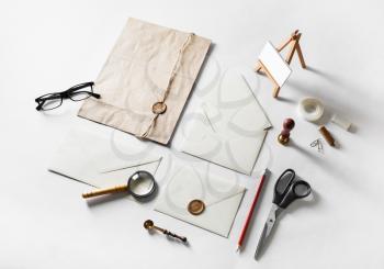 Blank art and craft stationery set on white paper background. Hand made items for placing your design.