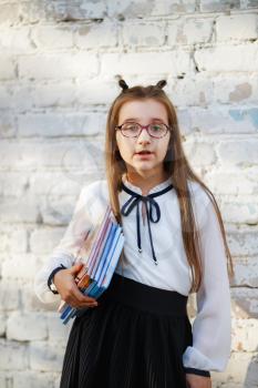 Schoolgirl with textbooks. Serious child girl on white brick wall background. Vertical shot. Selective focus.