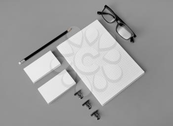 Blank corporate stationery set on gray paper background. Template for branding design. Branding mock up.
