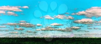 Horizontal vivid summer pixel dot landscape abstraction background