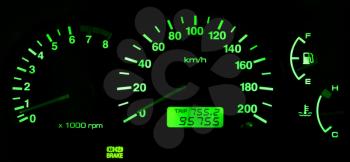 Horizontal isolated green car speedometer no fuel panel background backdrop