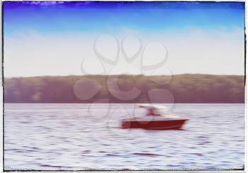 Horizontal speed boat abstraction with light leak postcard background