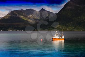 Norway ship near fjord landscape background hd